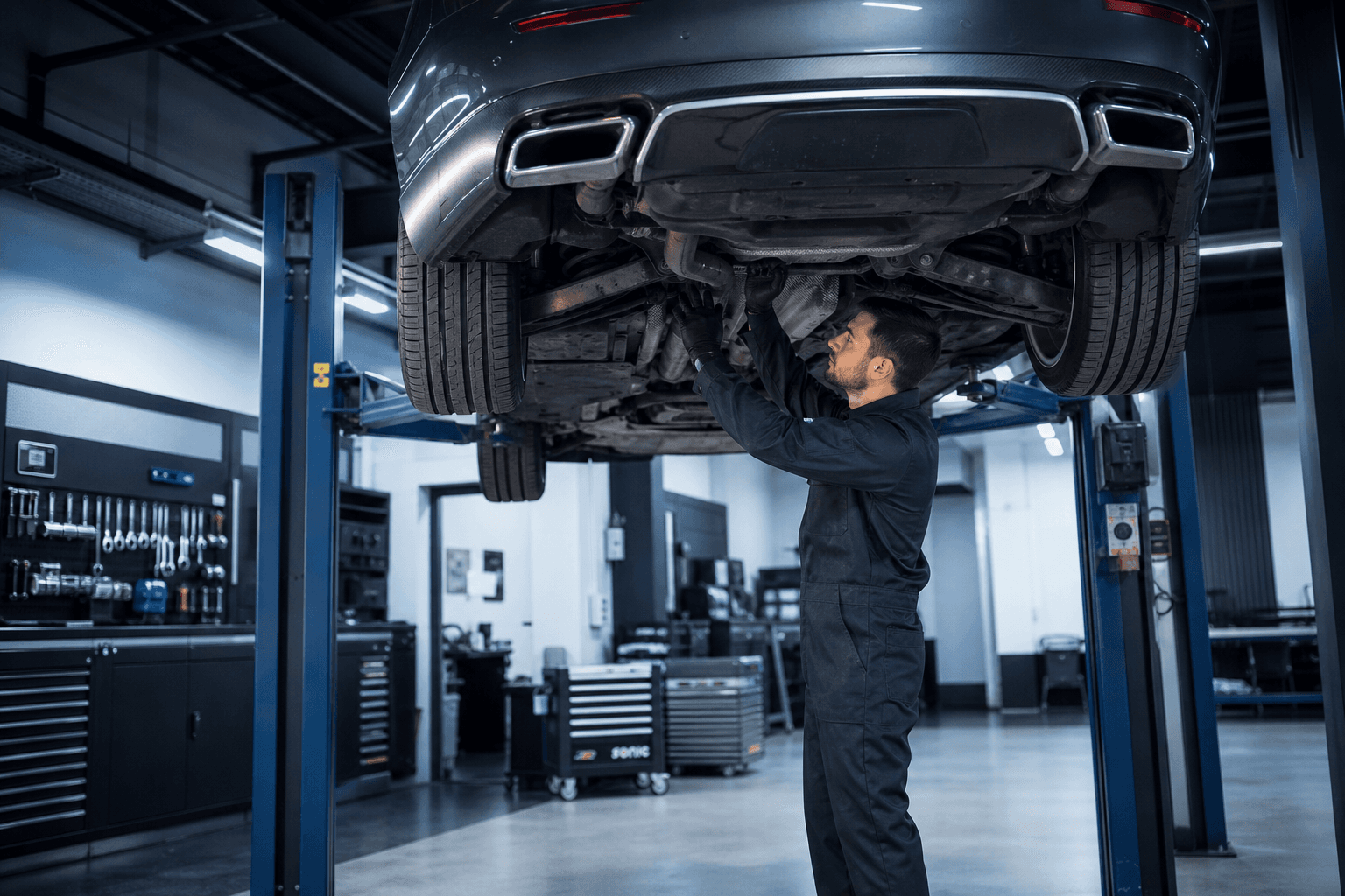 Mechanic servicing a car on a lift in a modern garage