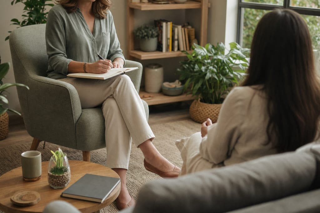 Therapist and client in conversation in a calm, private therapy office