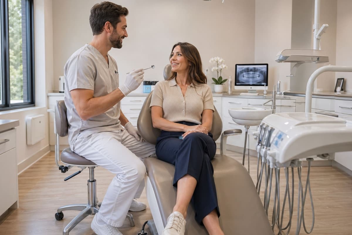 Smiling dentist consulting with a patient in a modern dental office