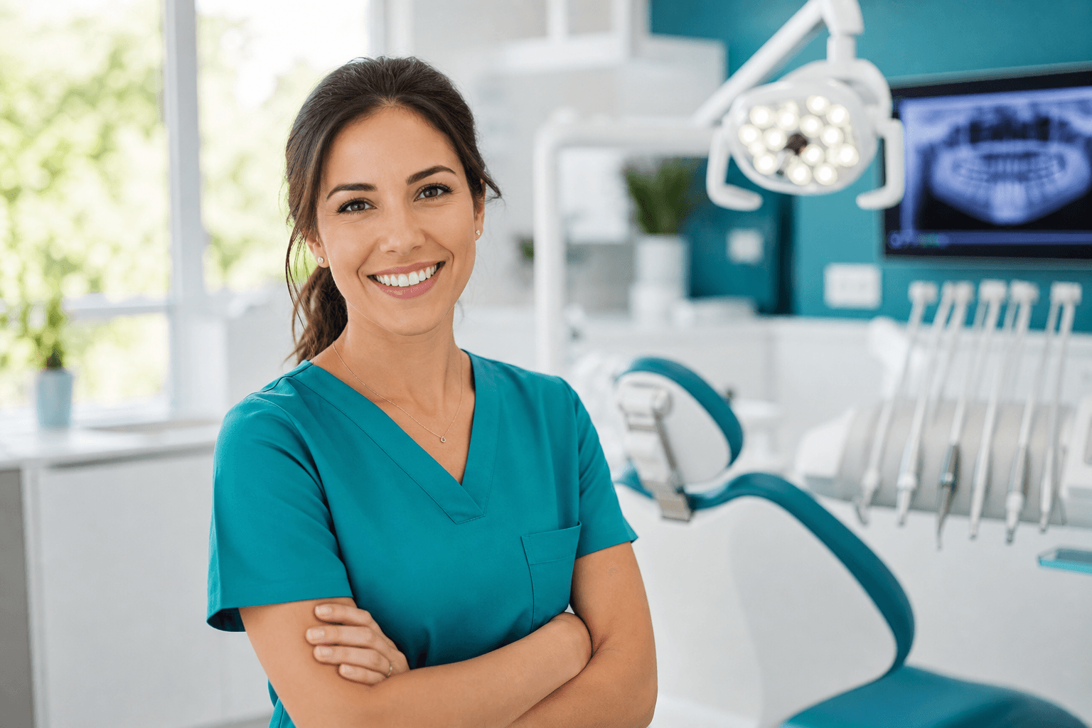 Friendly dentist in a bright modern dental office