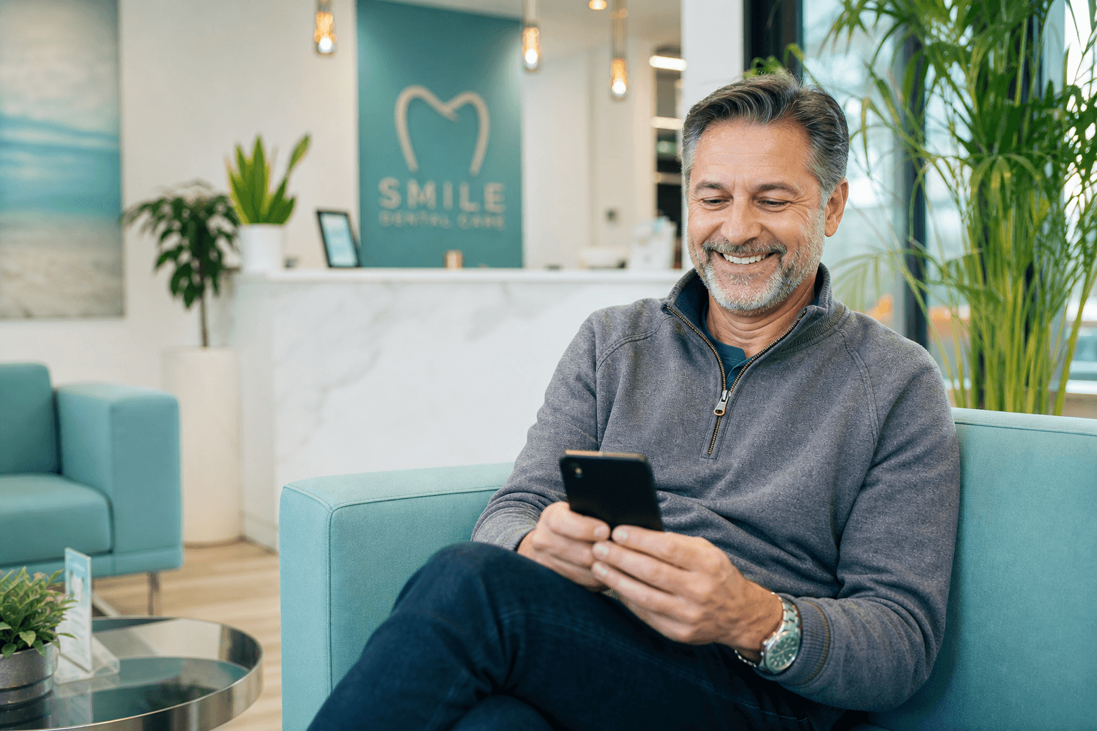 Happy dental patient receiving a reminder on their phone
