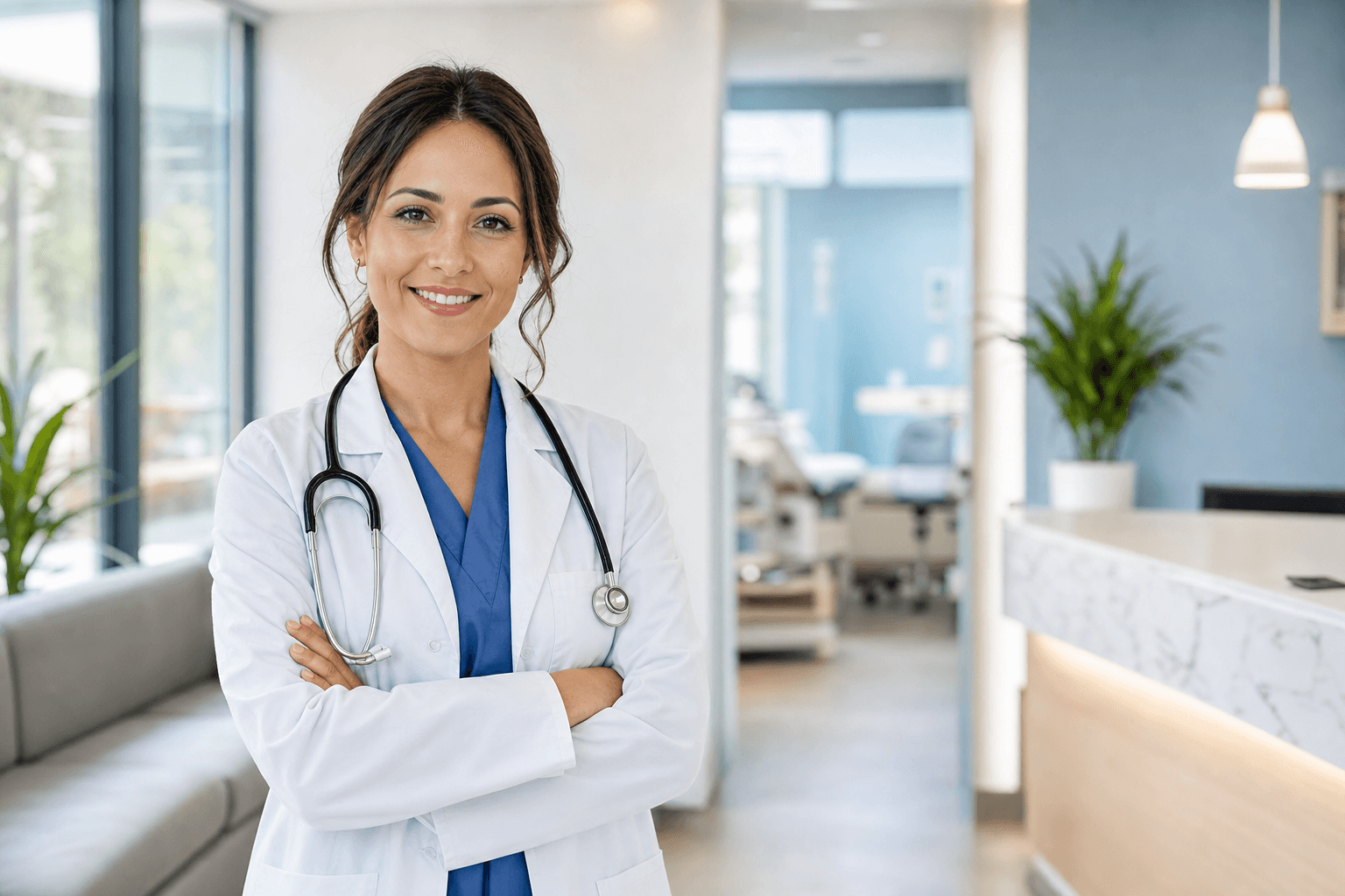 Friendly physician in a bright modern medical clinic