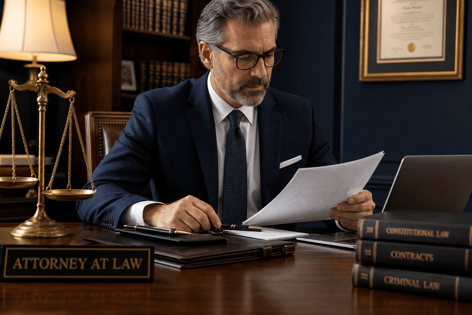 Attorney reviewing documents beside scales of justice