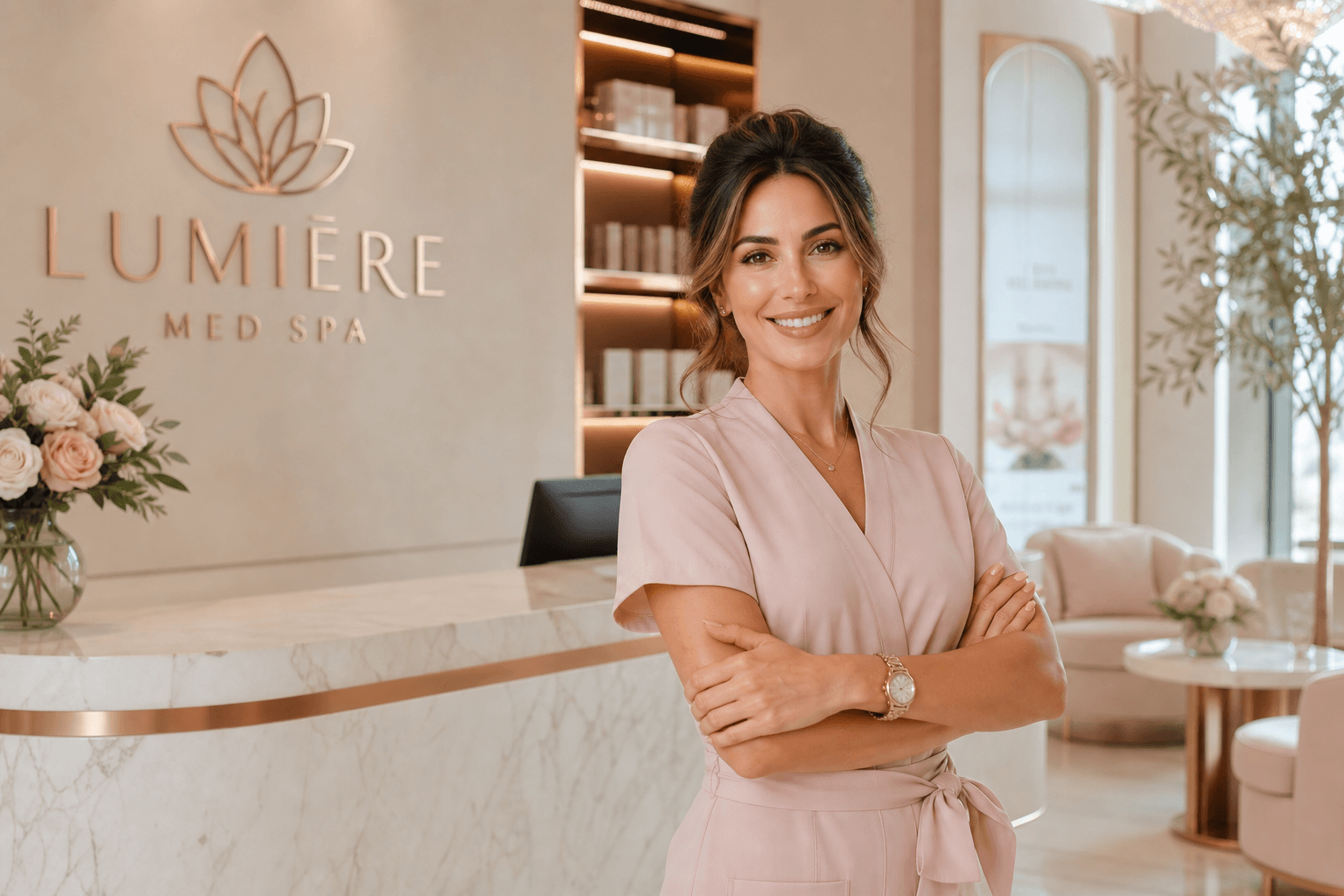 Elegant med spa receptionist in a luxurious clinic reception