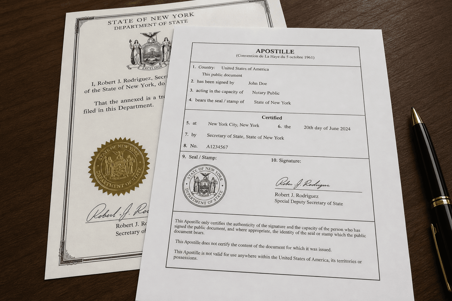 Apostille certificate with official state seal