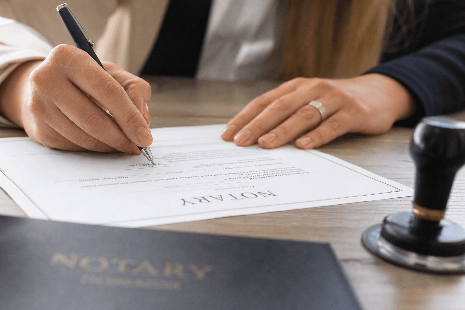 Client signing a notarized document beside a notary stamp