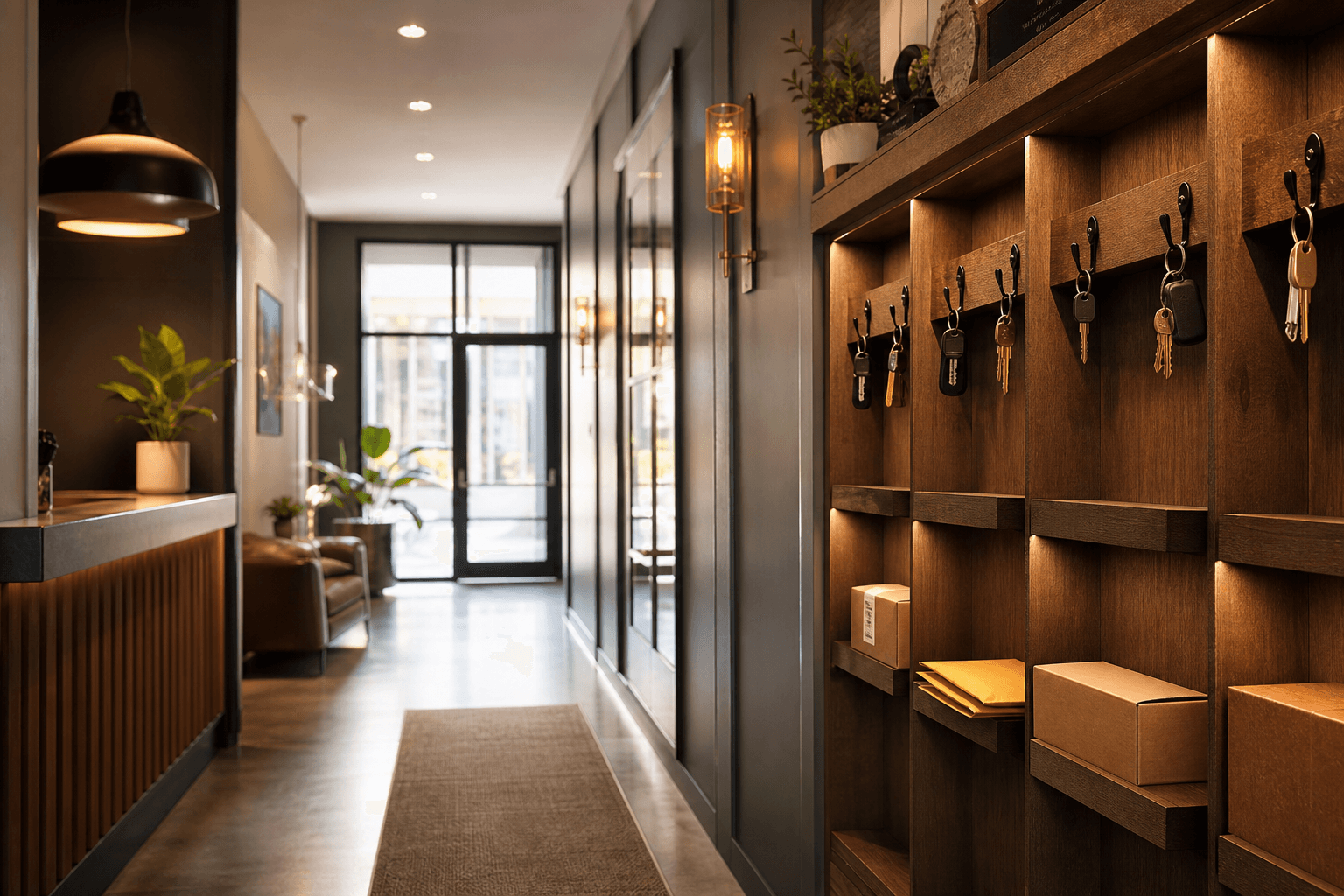 Modern apartment building entrance with warm evening light