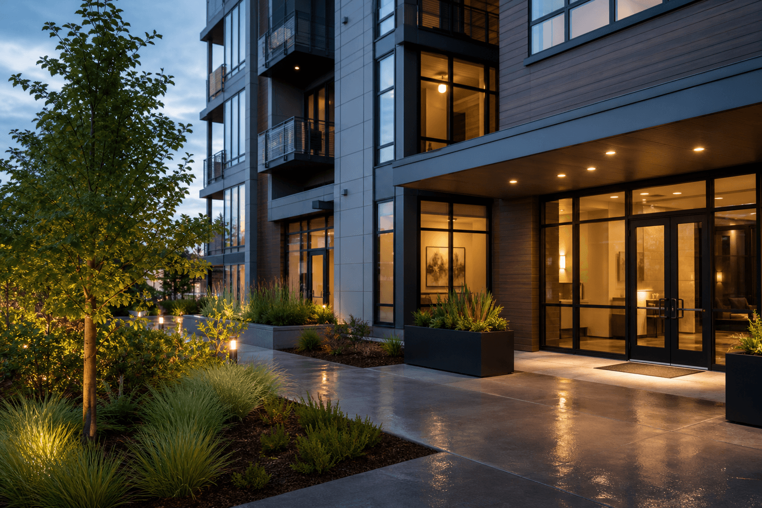 Modern apartment building at dusk