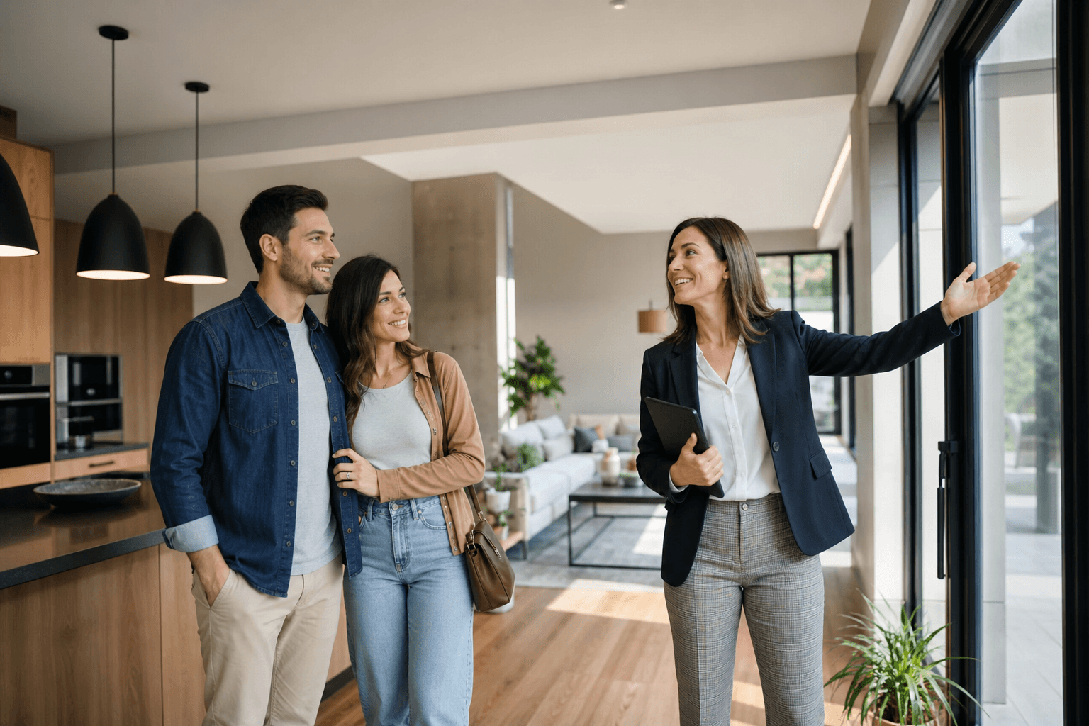 Agent showing a modern home to a couple
