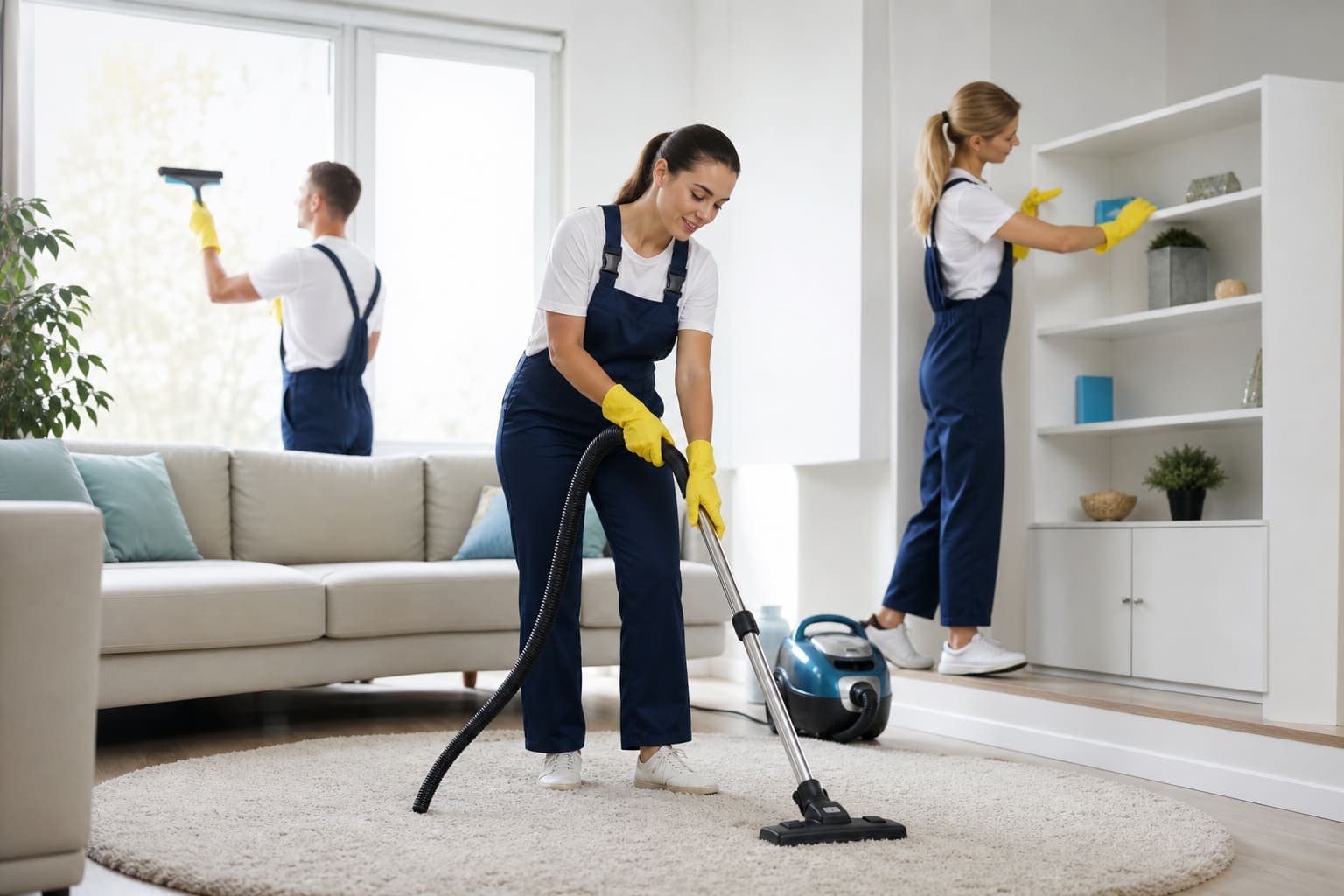 Cleaning crew vacuuming and dusting a bright modern living room
