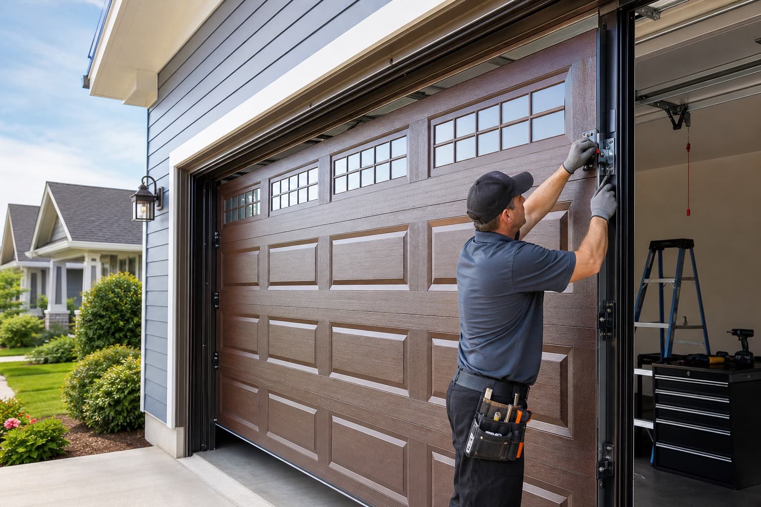 Technician servicing a residential garage door