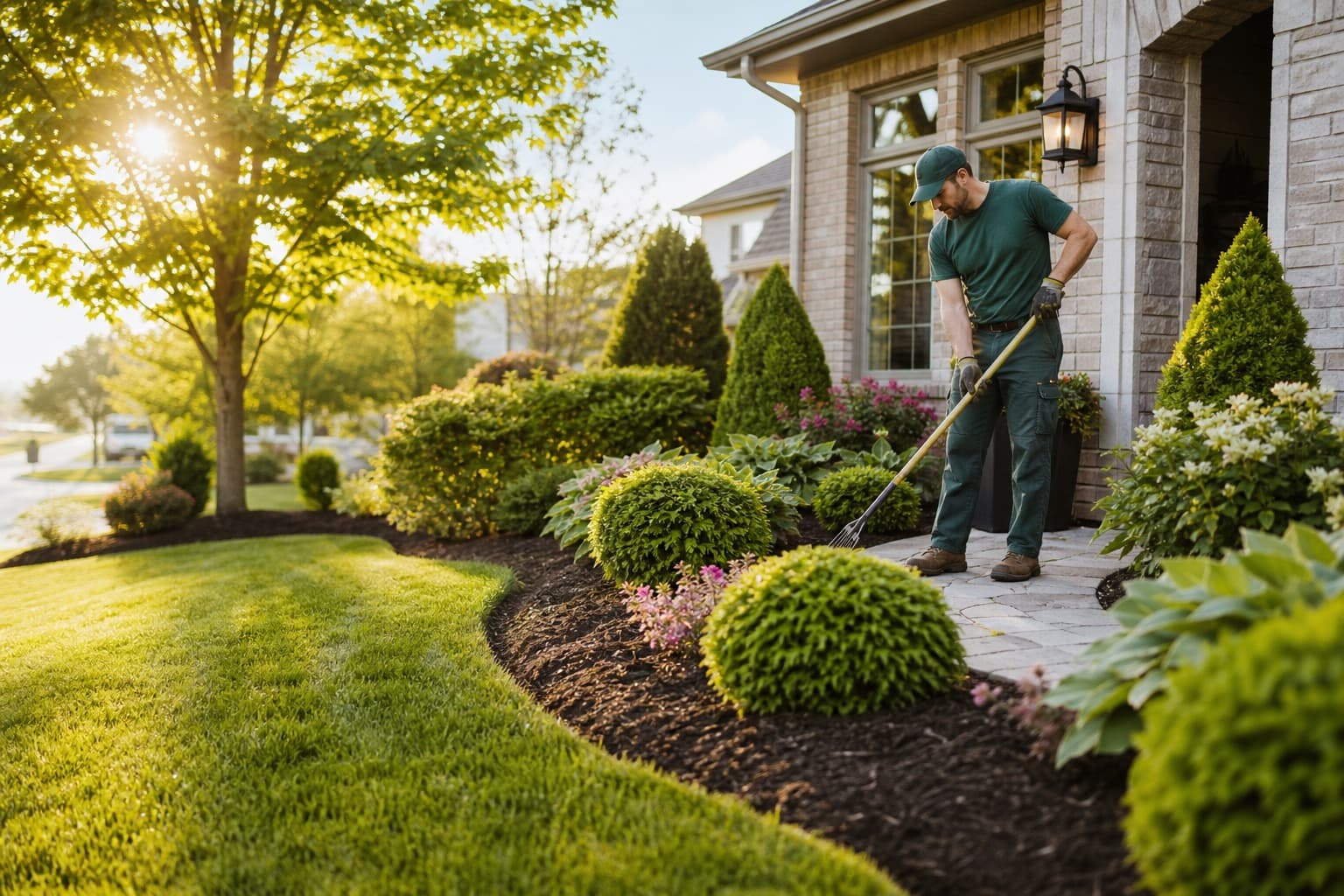 Landscaper maintaining a lush suburban front yard
