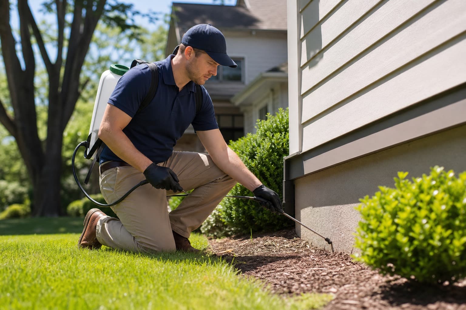 Pest control technician inspecting a suburban home exterior