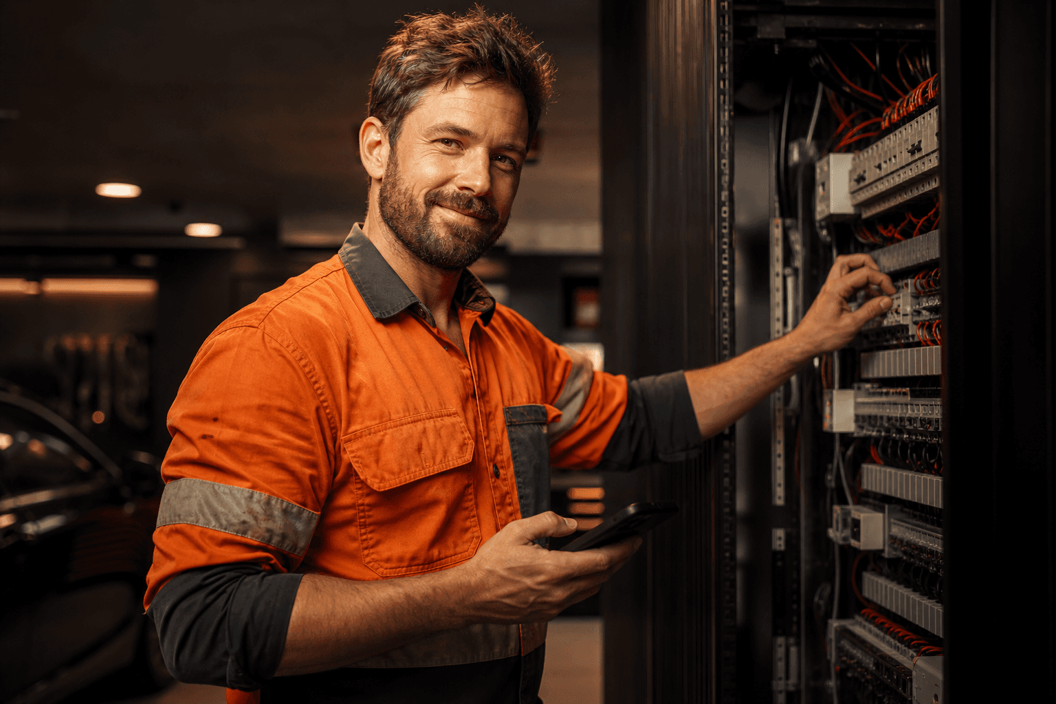 Electrician working in an electrical panel