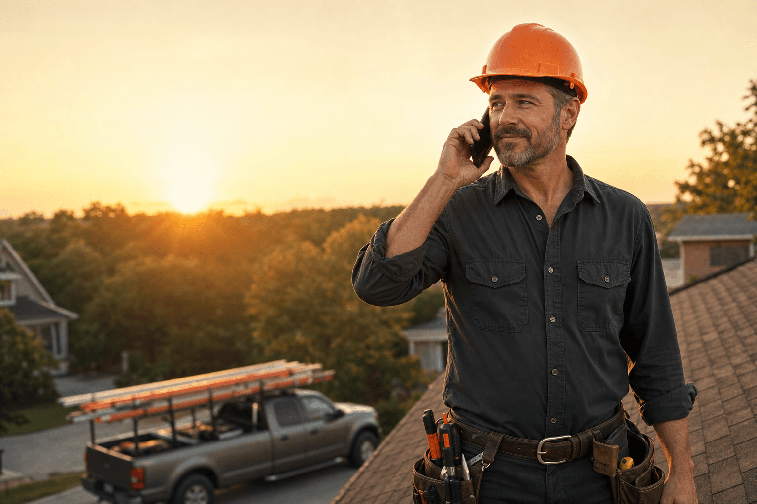 Roofing contractor taking a call on the job site