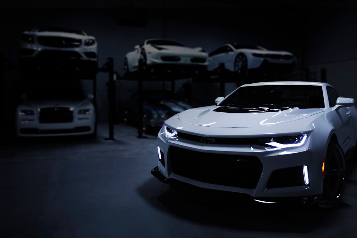 Luxury sports car in a professional auto service center