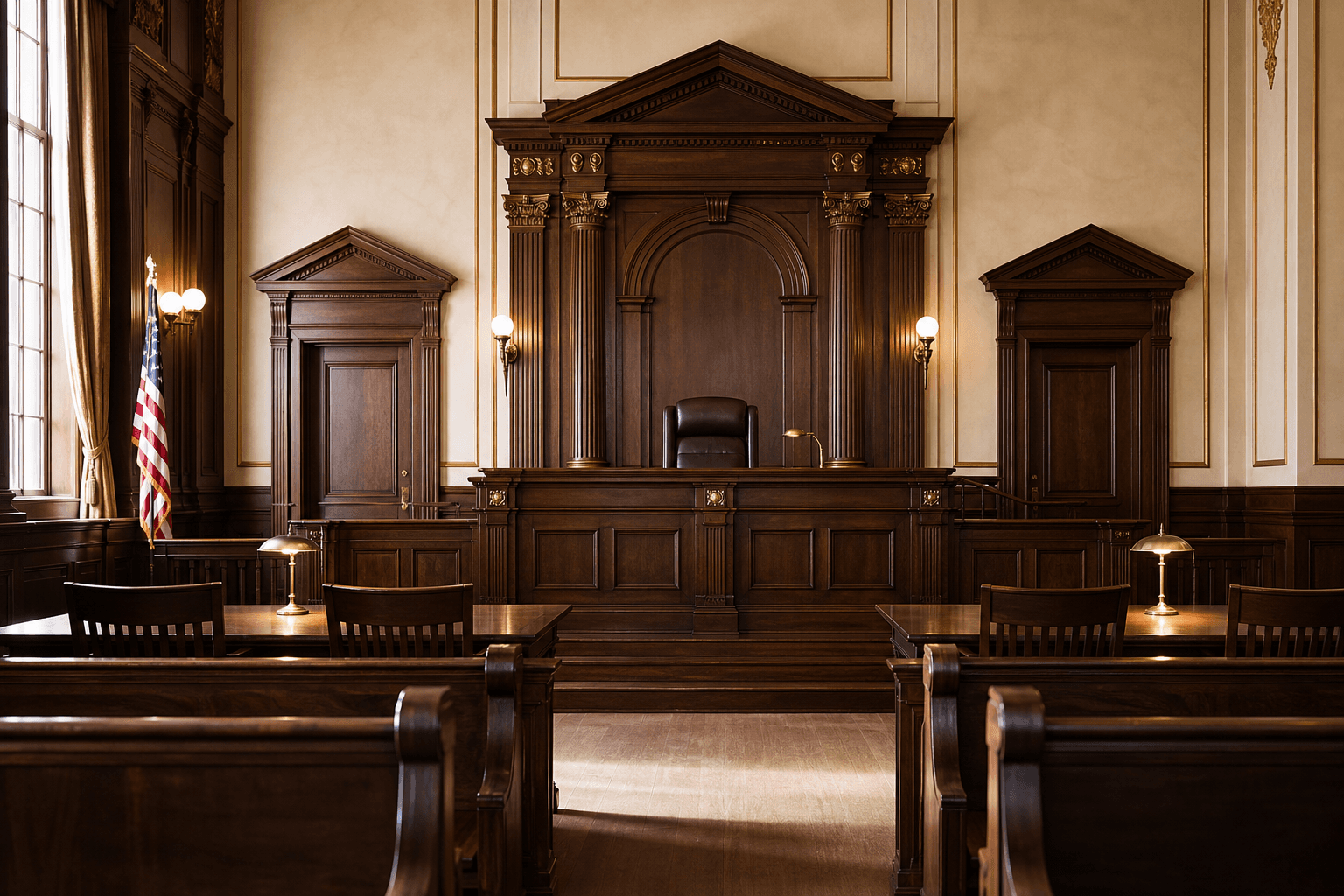 Warm wood-paneled courtroom interior with judge's bench and soft natural light