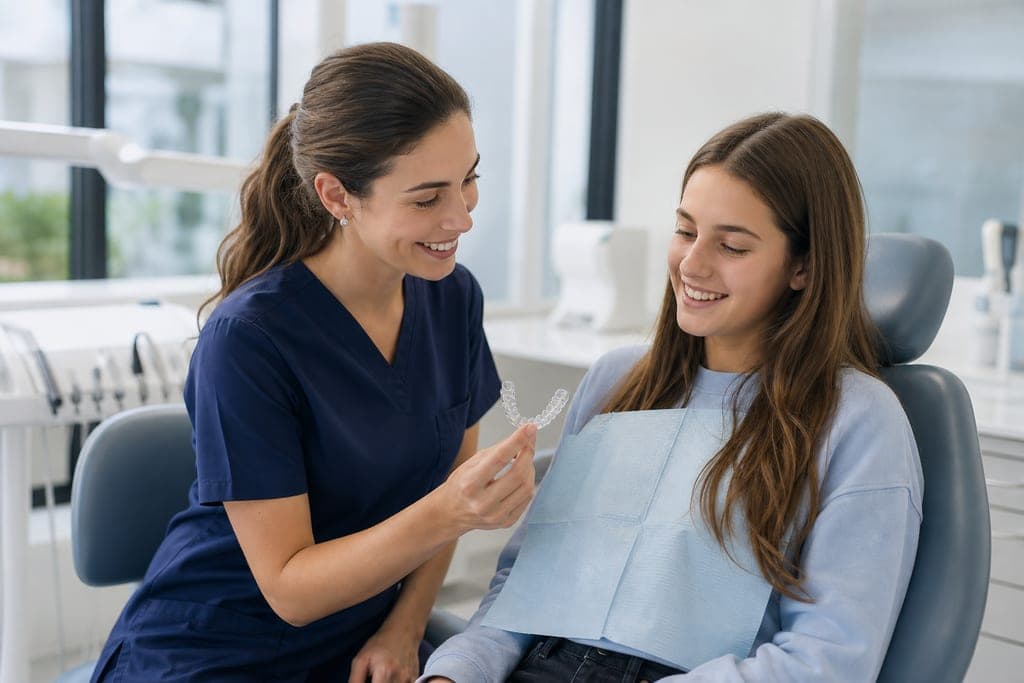 Orthodontist showing a clear aligner to a smiling teenage patient