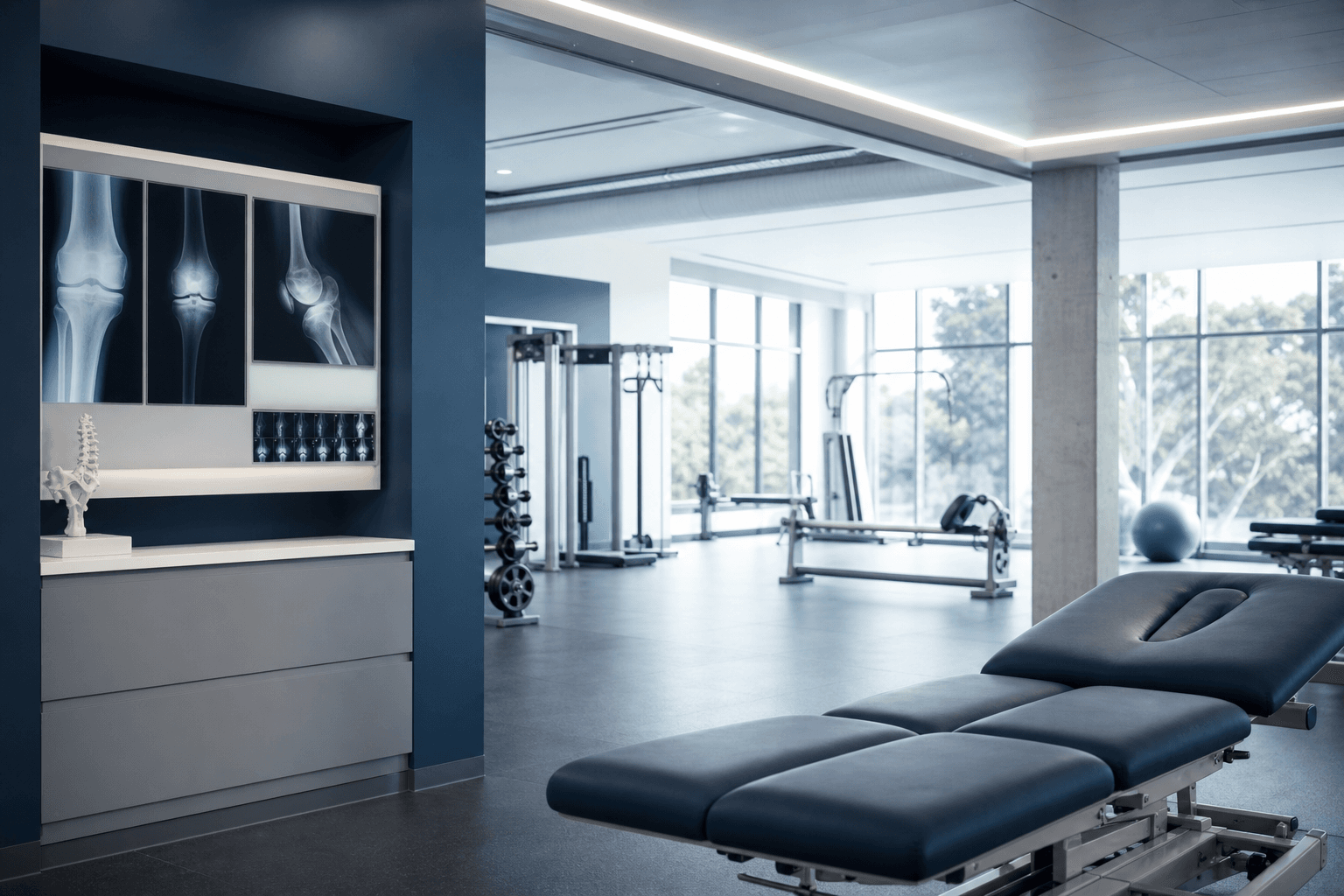Orthopedic clinician reviewing imaging with a patient in a modern clinic