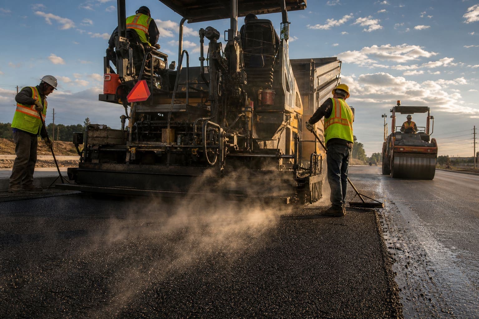 Paving crew laying fresh hot asphalt behind a paver at golden hour