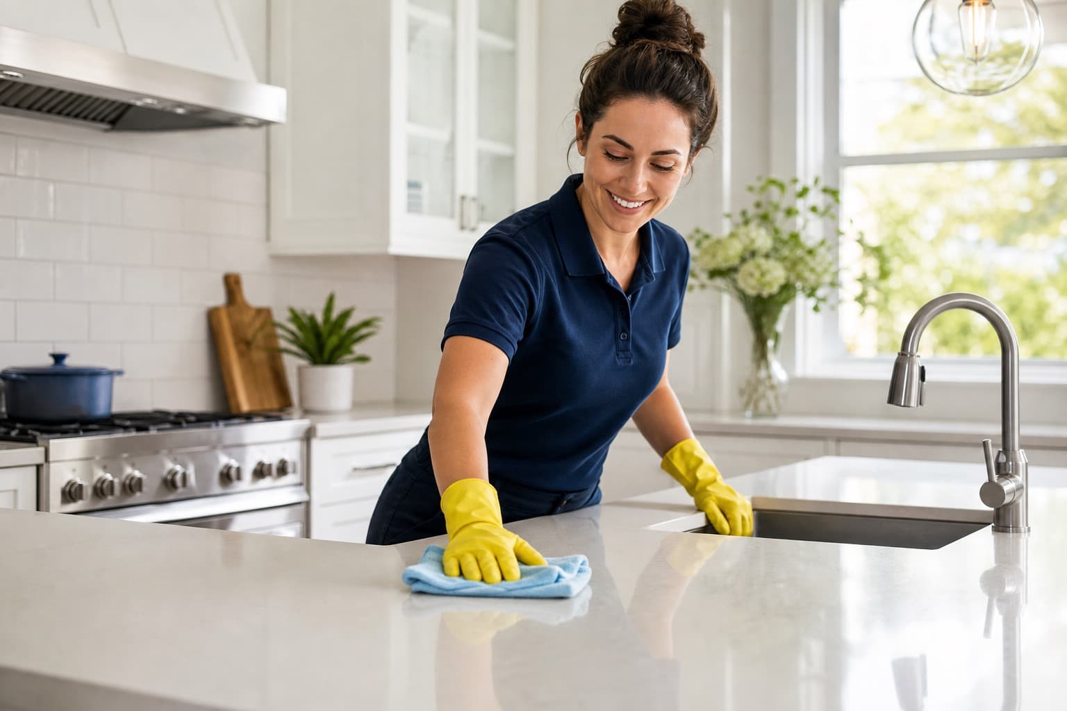 Professional cleaner working in a bright modern kitchen