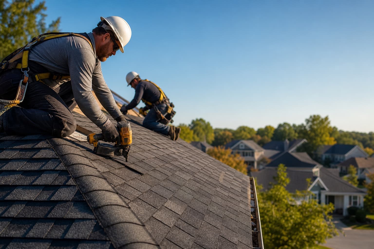 Roofers installing asphalt shingles on a residential roof