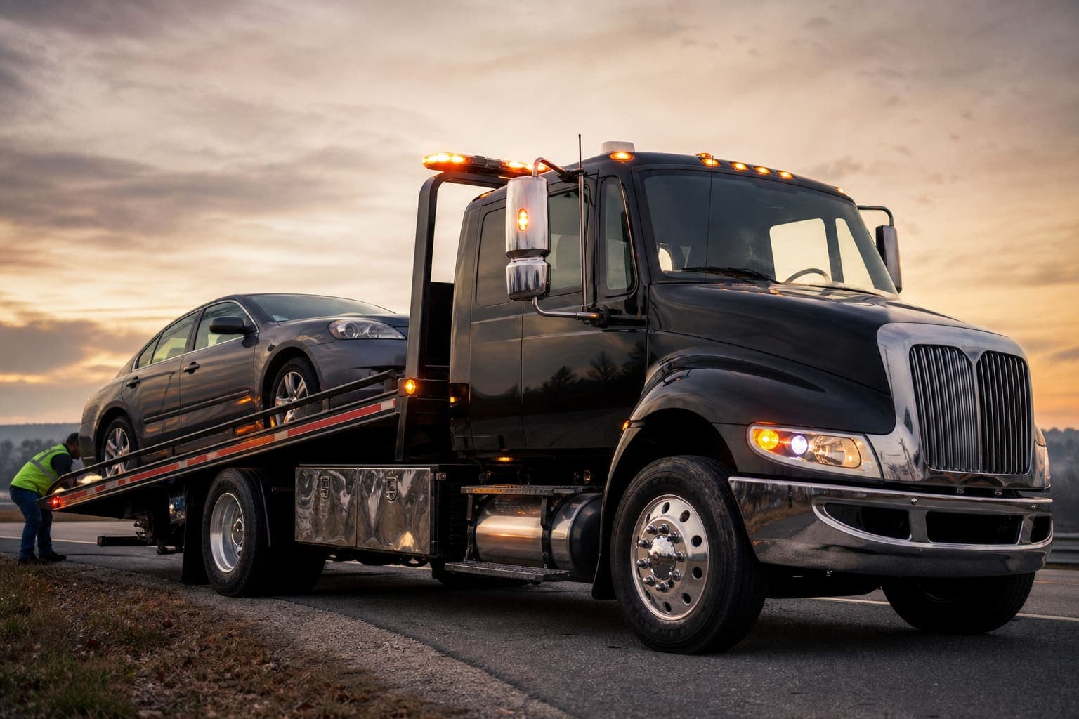 Flatbed tow truck loading a car on the roadside at dusk